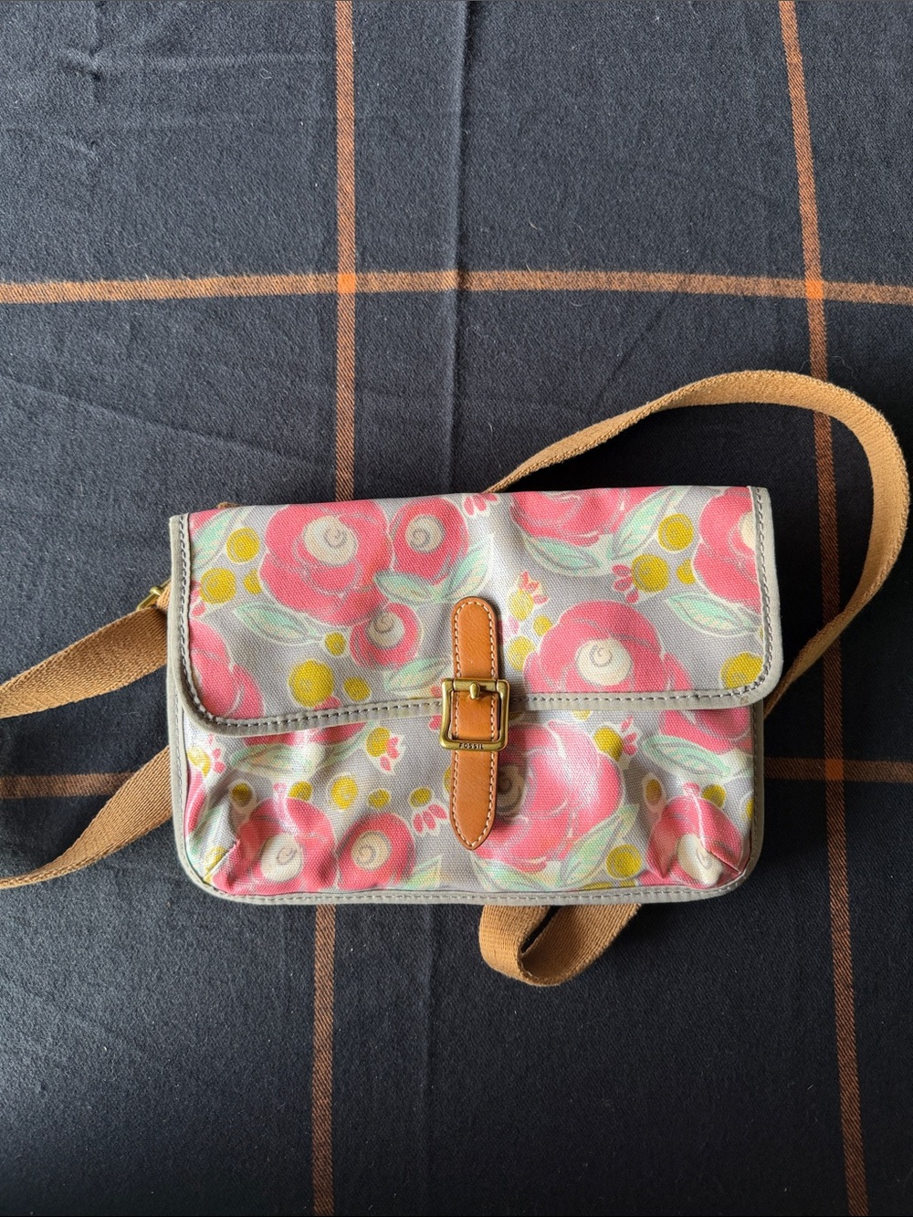 Fossil Pink Floral Crossbody with Tan Strap
